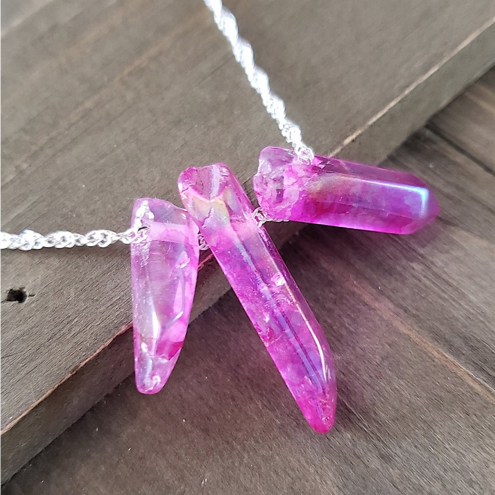 Pink aura quartz crystal necklace